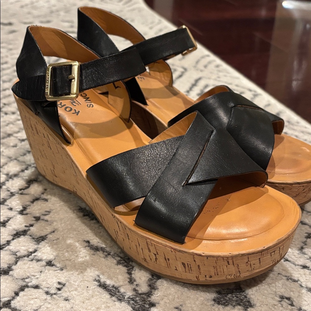 Kork-Ease Black Leather Cork Platform Wedge Sandals - Picture 3 of 5